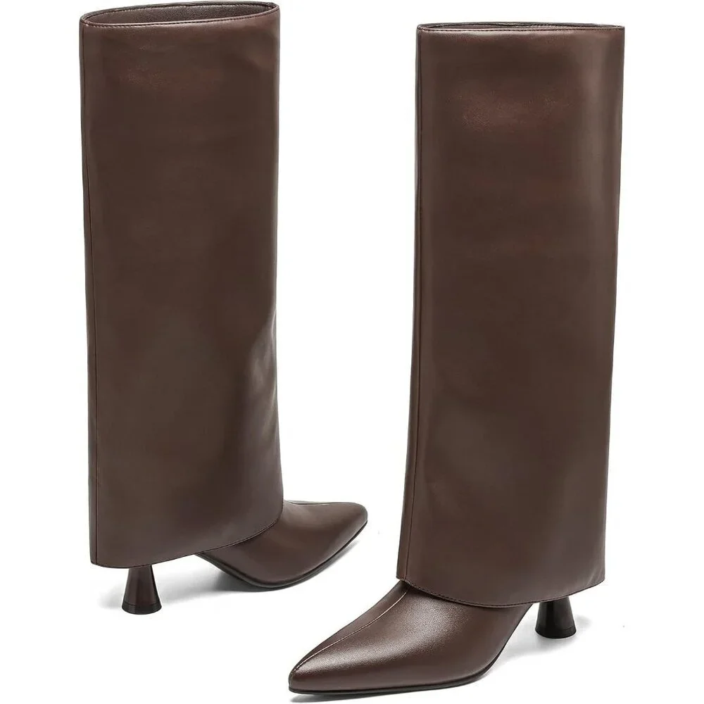 Women's Brown Leather Slouchy Knee High Pointed Toe Folded Shark Stylish Boot